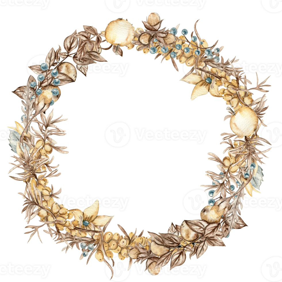 Flowers sea buckthorn wreath, for cards,backgrounds. Watercolor illustration for scrapbooking. Cartoon hand drawn background with flower for kids design.Perfect for wedding invitation. png