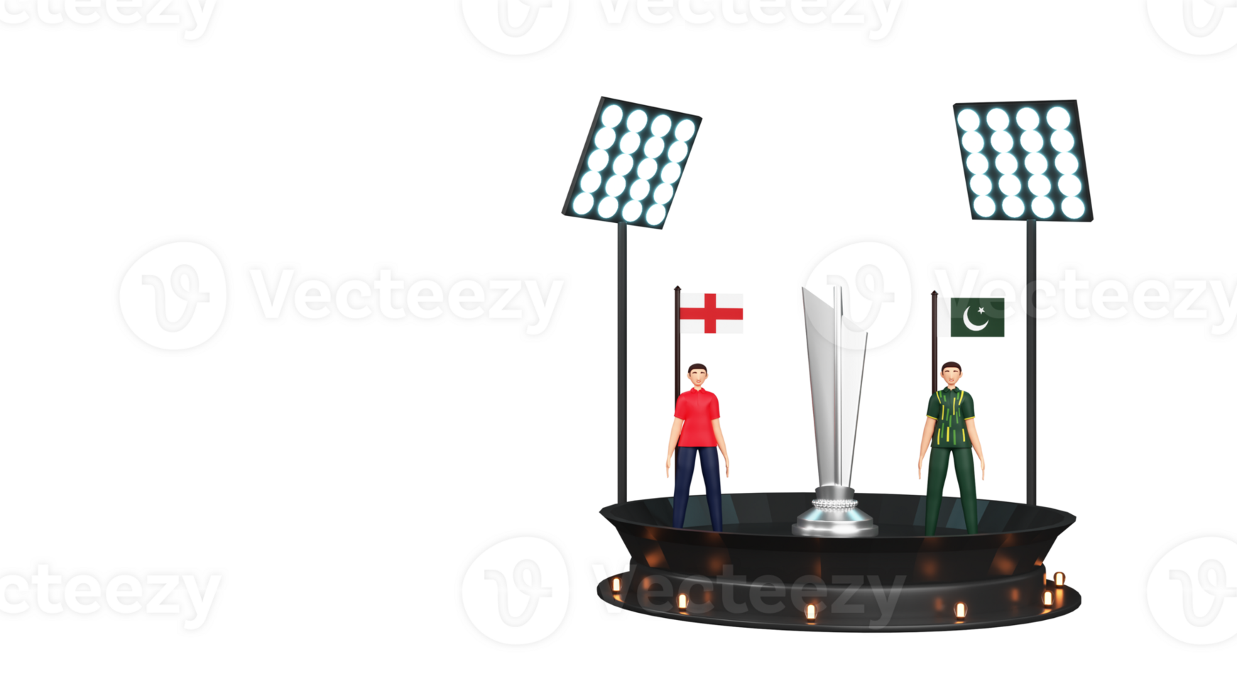 3D Render Of Cricket Match Between England VS Pakistan With Cricketer Players, Silver Winning Trophy And Stadium Lights. png