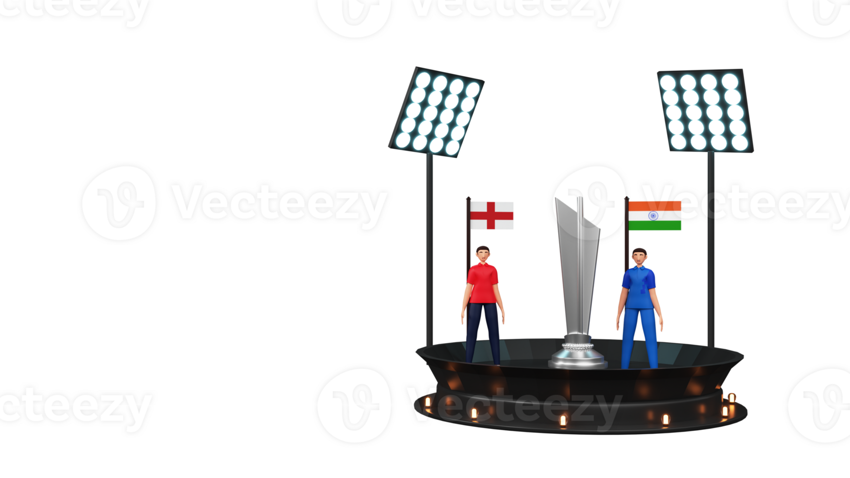 3d geven van krekel bij elkaar passen tussen Engeland vs Indië met cricketspeler spelers, zilver winnend trofee en stadion lichten. png