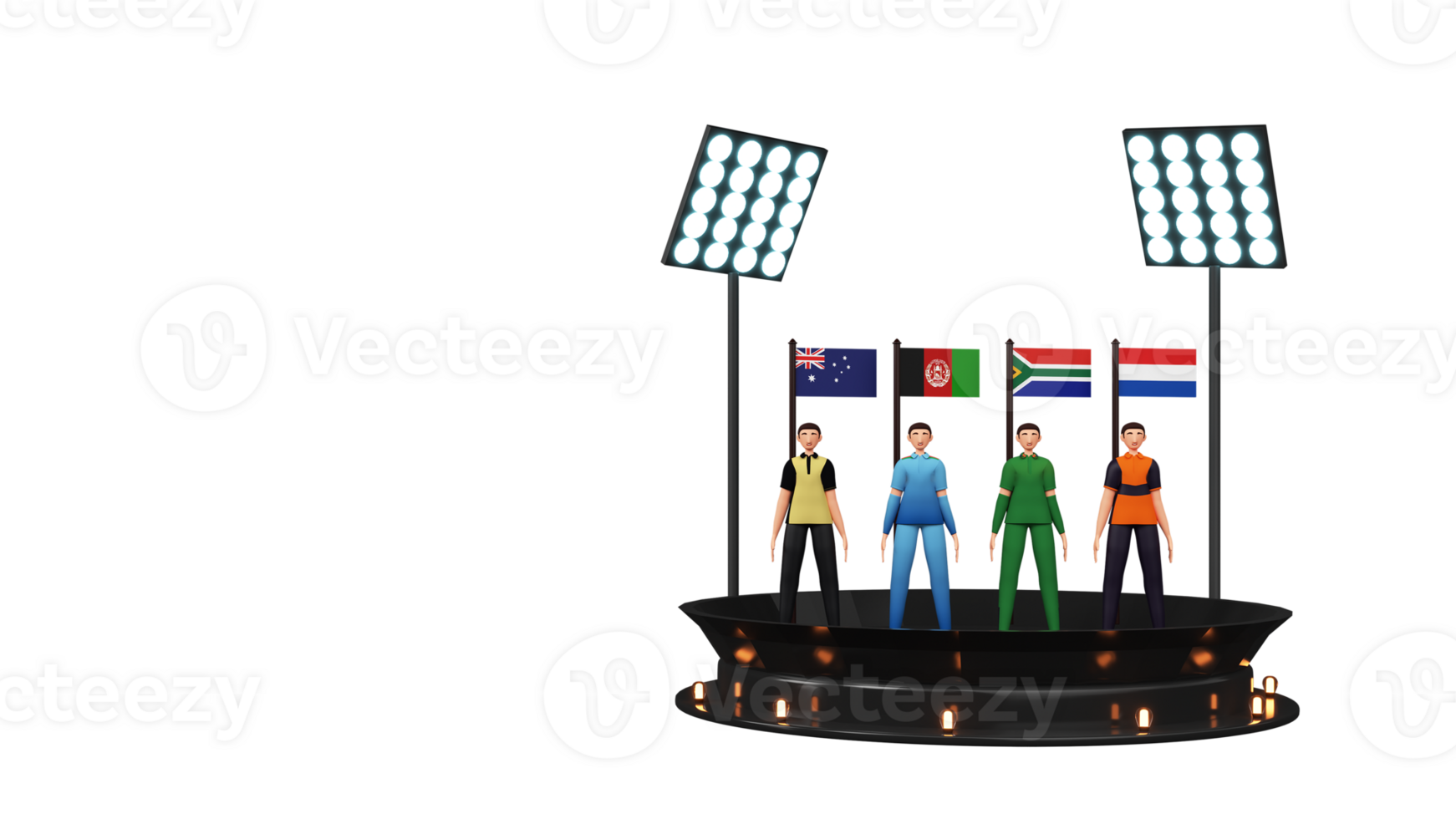 3D Render Of Cricket Team Players Standing With Their National Flag As Australia, India, Bangladesh, Netherlands. png