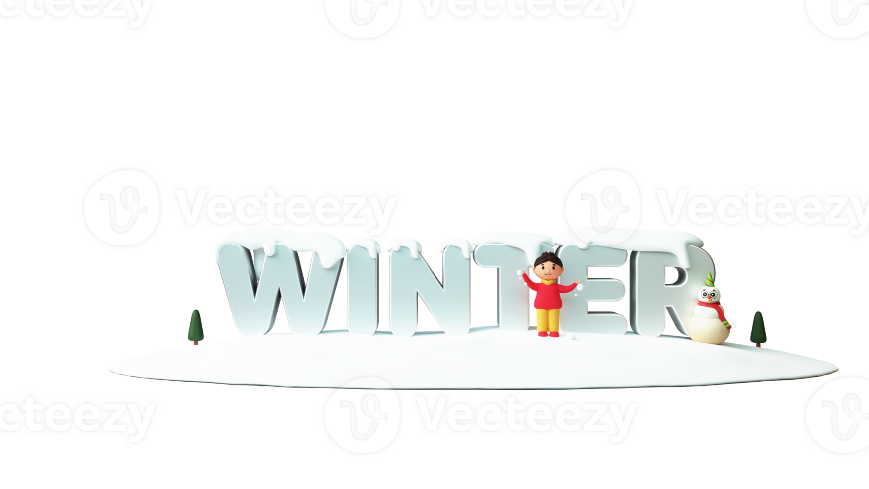 3D Render Winter Text With Young Girl Holding Snow Balls, Snowman, Xmas Tree. png
