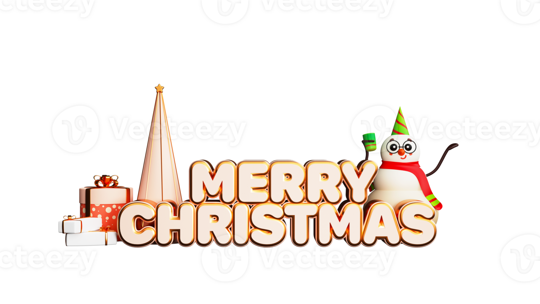 3D Render, Merry Christmas Text With Cute Snowman Enjoying Drink, Xmas Tree And Gift Box. png