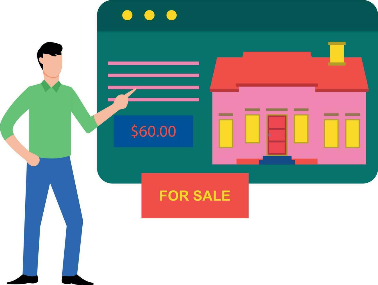 A boy is looking at a house for sale. vector