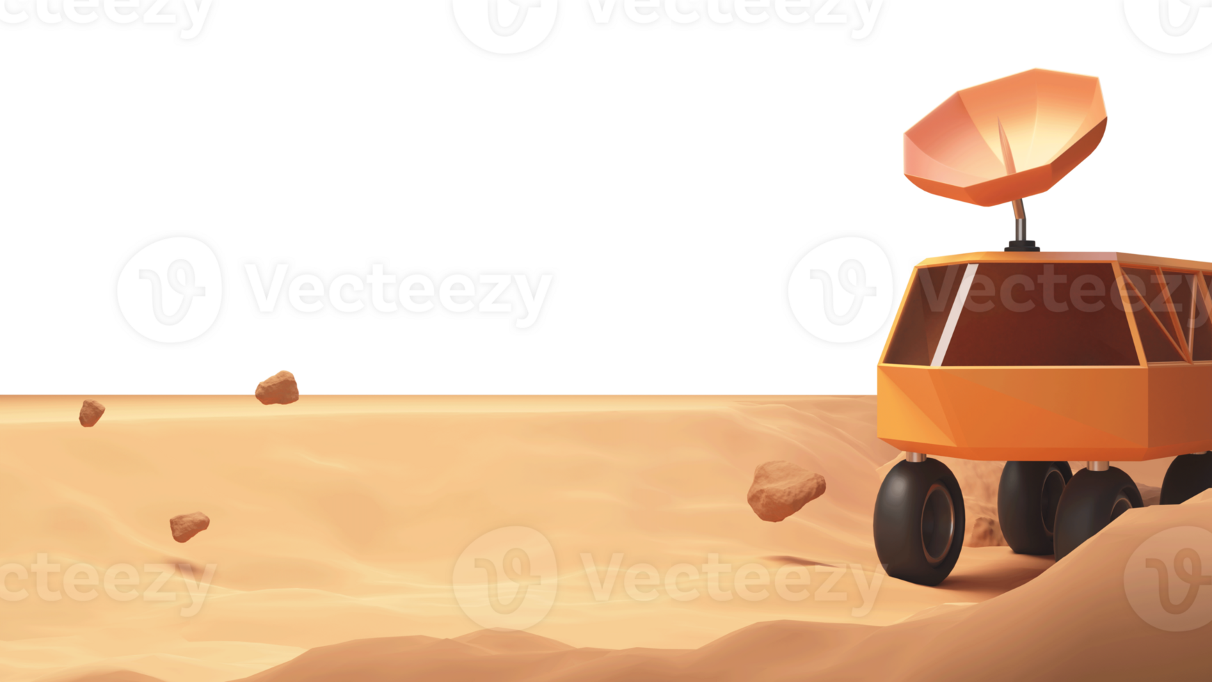 3D Render, Satellite Dish Vehicle And Stones Against Mars. png
