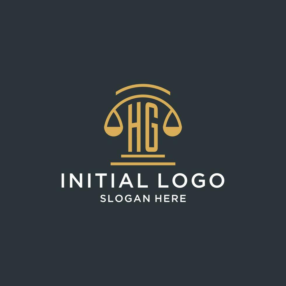 HG initial with scale of justice logo design template, luxury law and attorney logo design ideas vector
