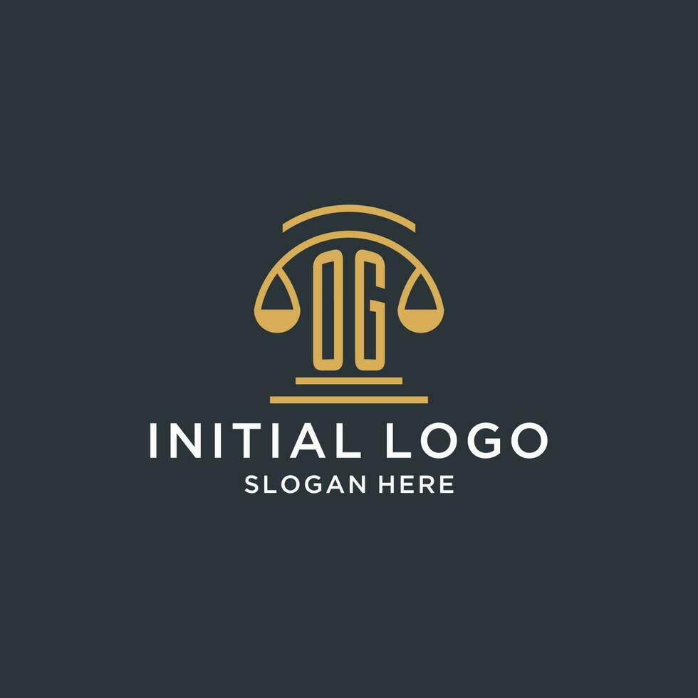 og inicial con escala de justicia logo diseño plantilla, lujo ley y abogado logo diseño ideas vector