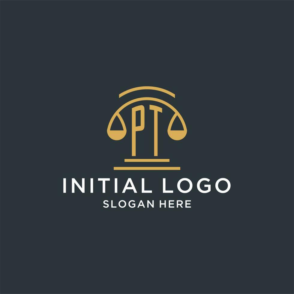 PT initial with scale of justice logo design template, luxury law and attorney logo design ideas vector