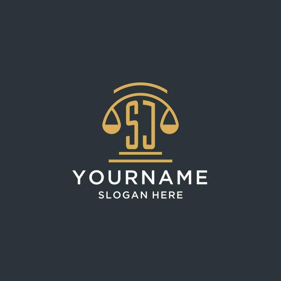 SJ initial with scale of justice logo design template, luxury law and attorney logo design ideas vector