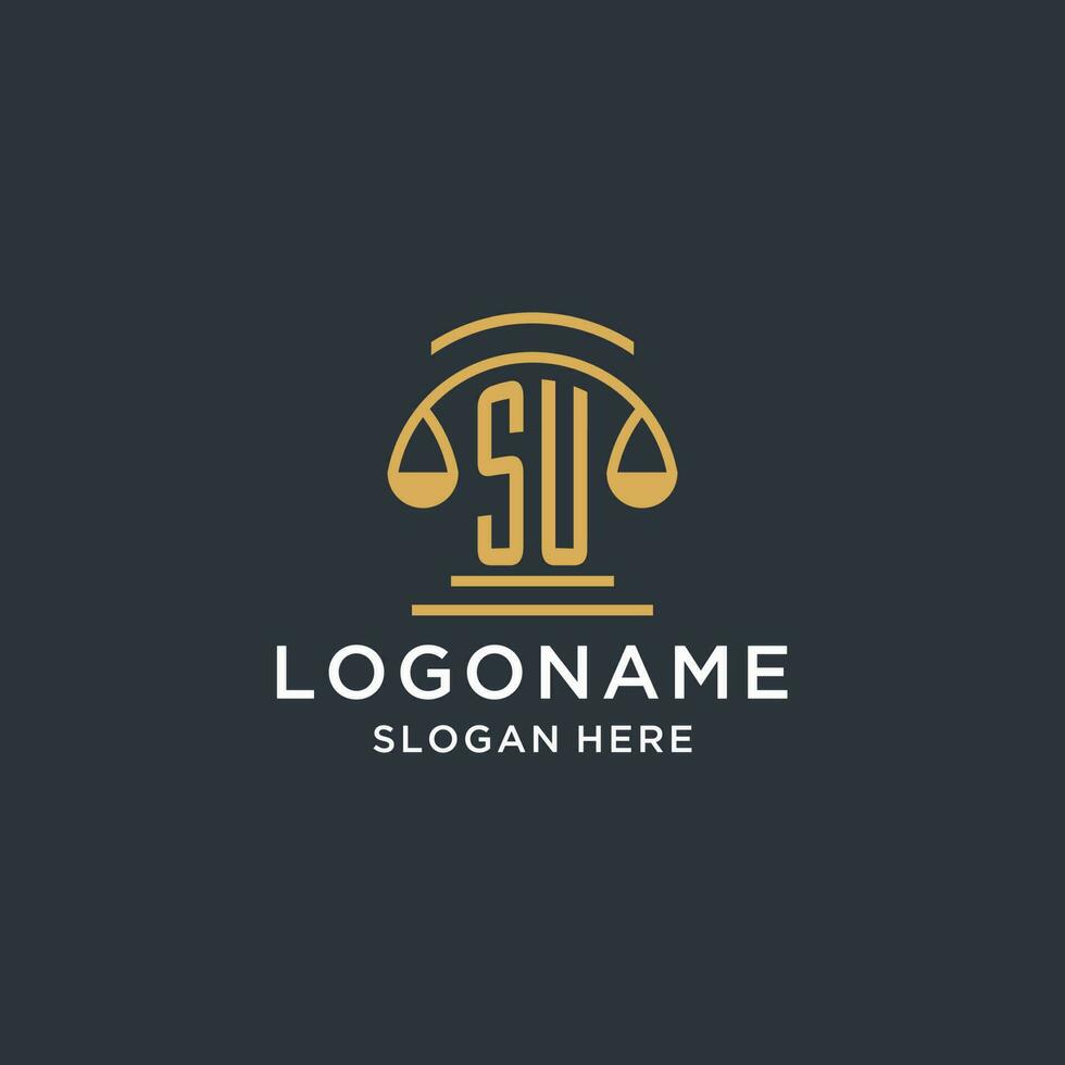 SU initial with scale of justice logo design template, luxury law and attorney logo design ideas vector