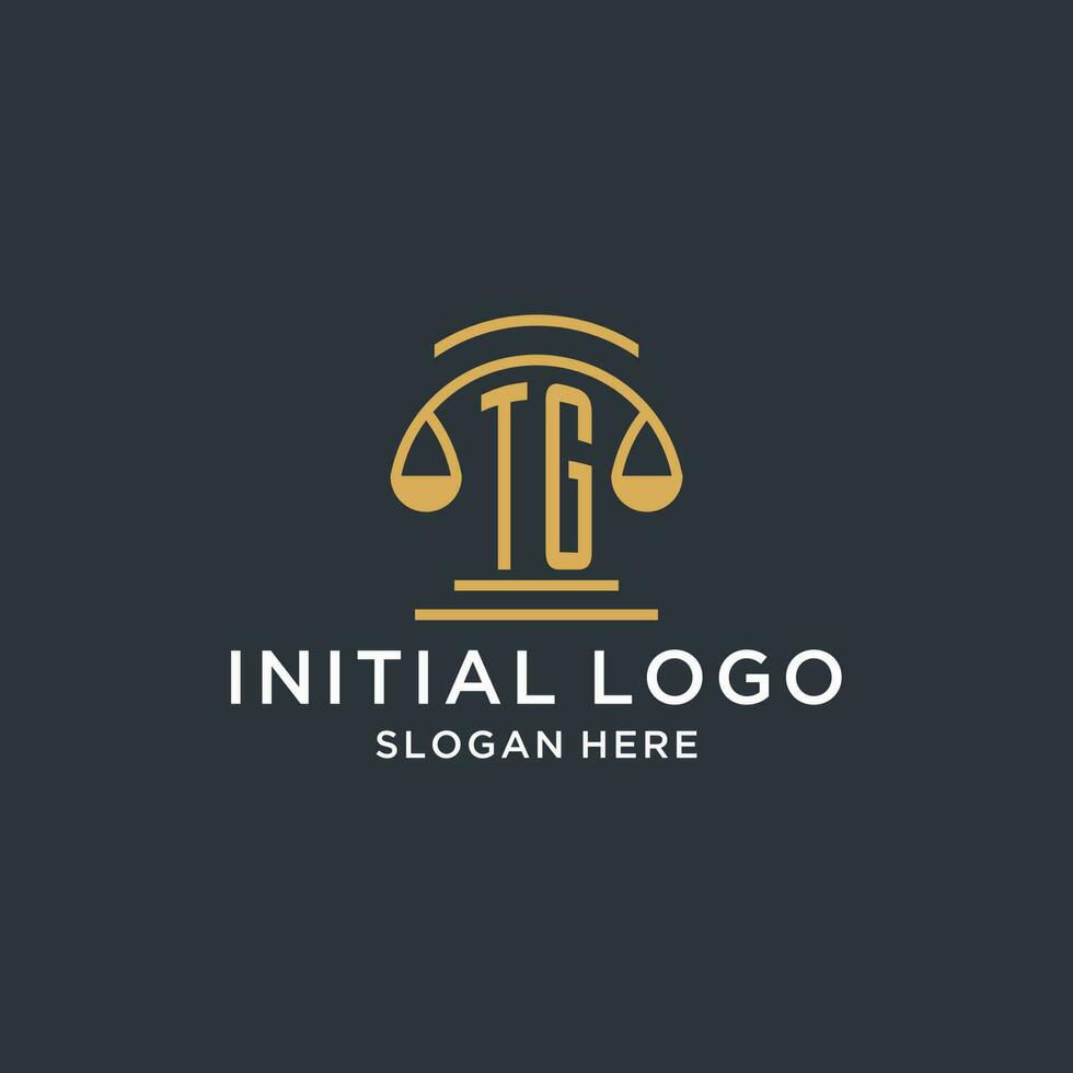 TG initial with scale of justice logo design template, luxury law and attorney logo design ideas vector