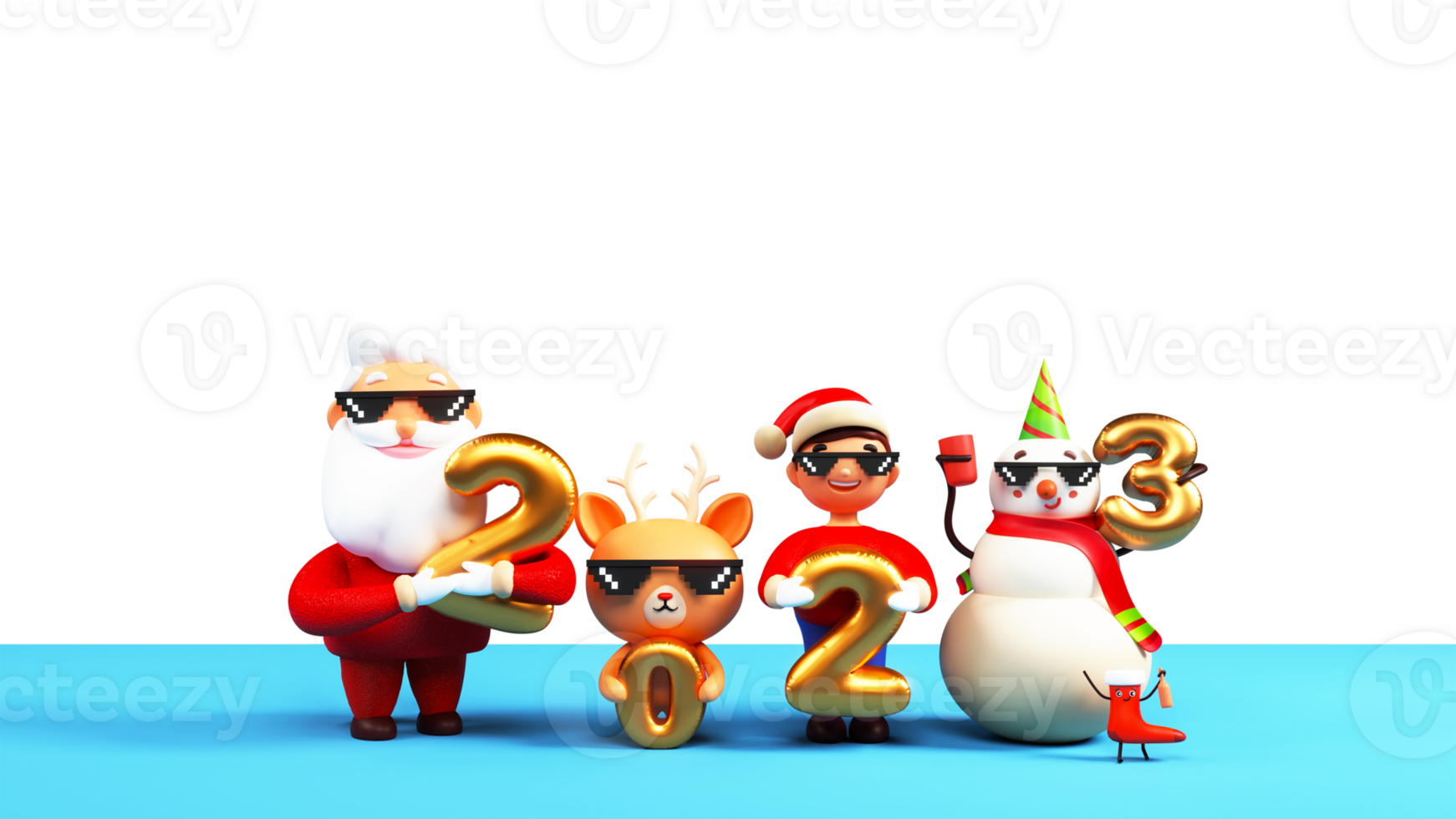 Santa Claus, Cartoon Reindeer, Cute Boy And Snowman holding 2023 Text on PNG Background.