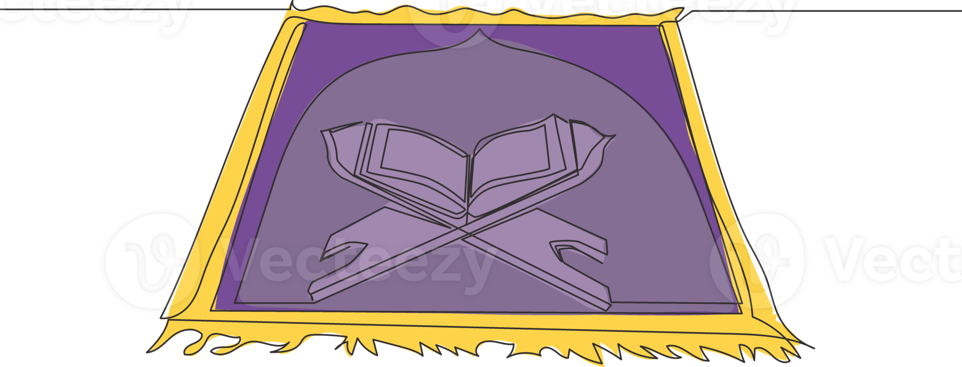 One continuous line drawing of sajadah, carpet that use to pray for muslim people and quran above. Worship of muslim person concept single line draw design illustration png