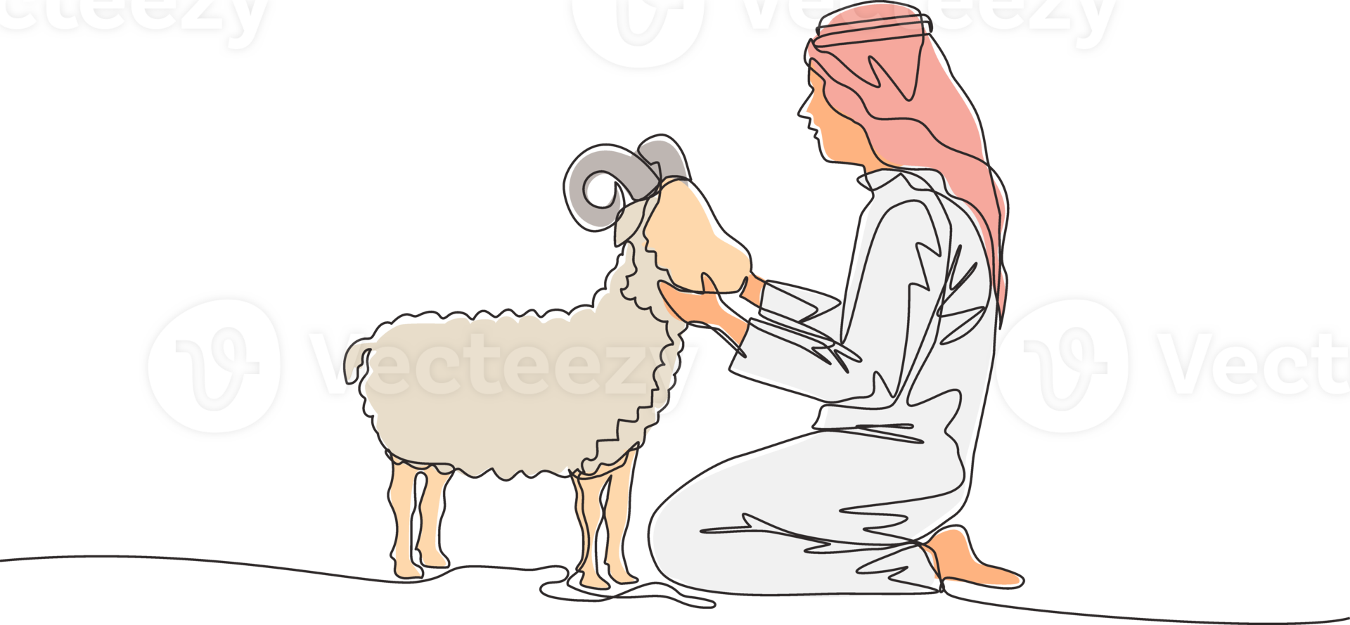 One single line drawing of young muslim holding a sheep. Islamic holiday the sacrifice a goat or sheep, Eid al Adha greeting card concept continuous line draw design illustration png