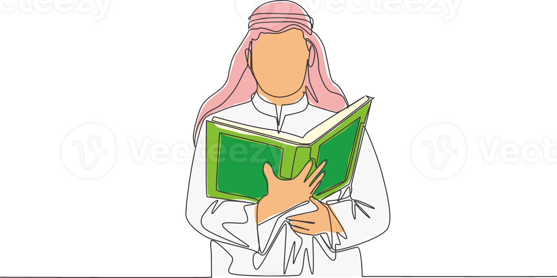 single doorlopend lijn tekening van jong moslim persoon lezing en reciteren koran in traditioneel Arabisch lap. Islamitisch heilig dag Ramadan kareem groet kaart concept een lijn trek ontwerp illustratie png