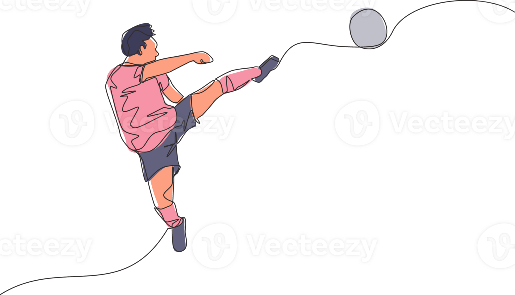 One single line drawing of young happy football player practice kicking the ball while jumping at the field stadium. Soccer match sports concept. Continuous line draw design illustration png