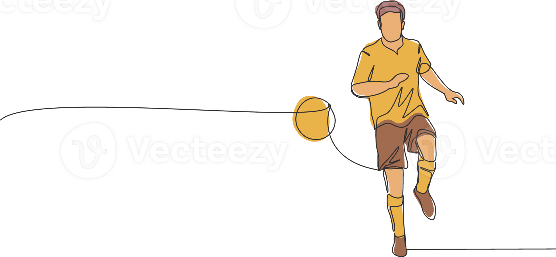 One single line drawing of young happy football player with short sleeve calmly controlling the ball passed to him. Soccer match sports concept. Continuous line draw design illustration png
