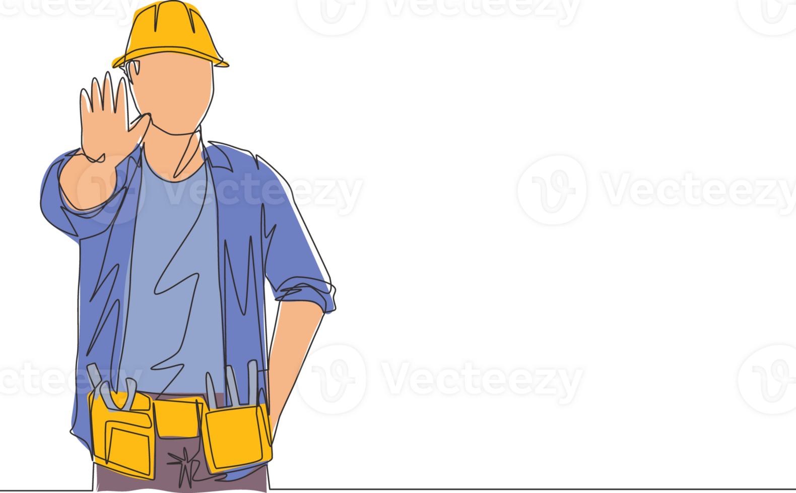 One continuous line drawing of young handyman lift his hands and giving stop gesture. Workman building maintenance service concept. Single line draw design illustration png