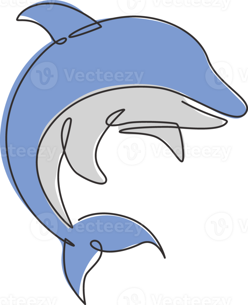 Single continuous line drawing of friendly cute dolphin for underwater life aquarium logo identity. Wild sea mammal animal concept for circus mascot. One line draw design graphic illustration png