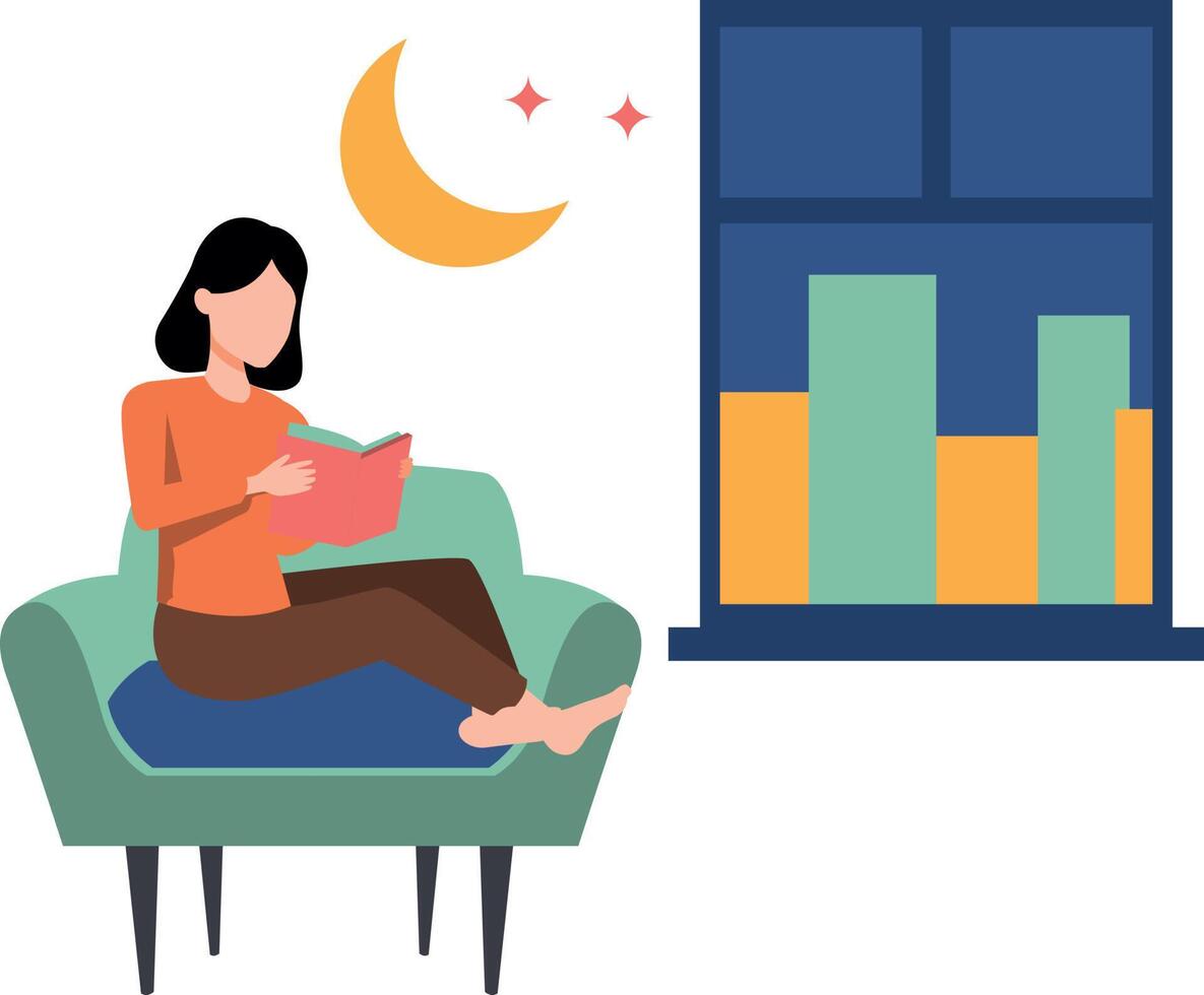 The girl is reading a book at night. vector