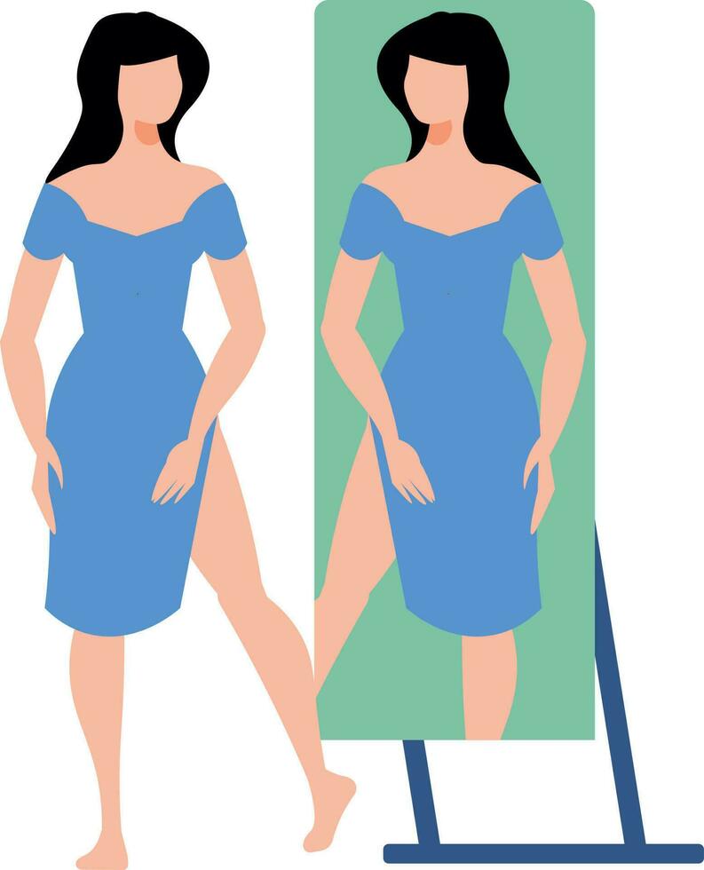 The girl is looking at herself in the mirror. vector