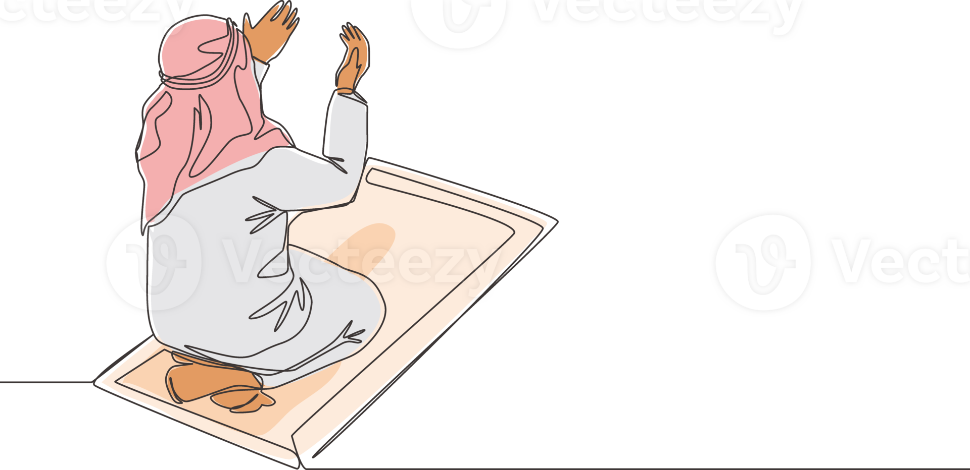 One continuous line drawing of muslim person raise and open hands praying on sajadah, from rear view. Islamic Ramadan Kareem and Eid Mubarak pray concept single line draw design illustration png