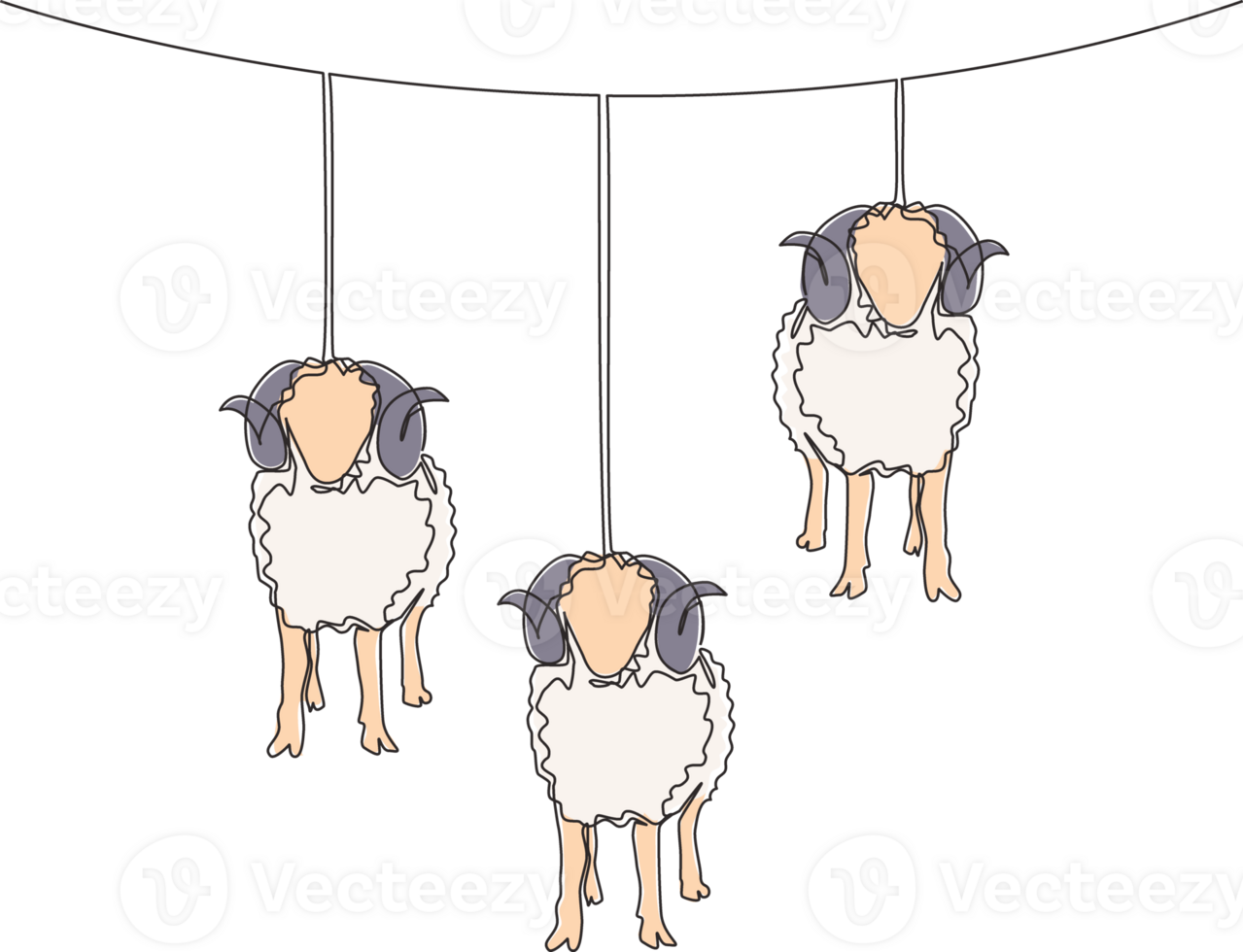 One continuous line drawing of sheeps hanging on rope like the lantern lamps. Muslim holiday the sacrifice an animal, Eid al Adha greeting card concept single line draw design illustration png