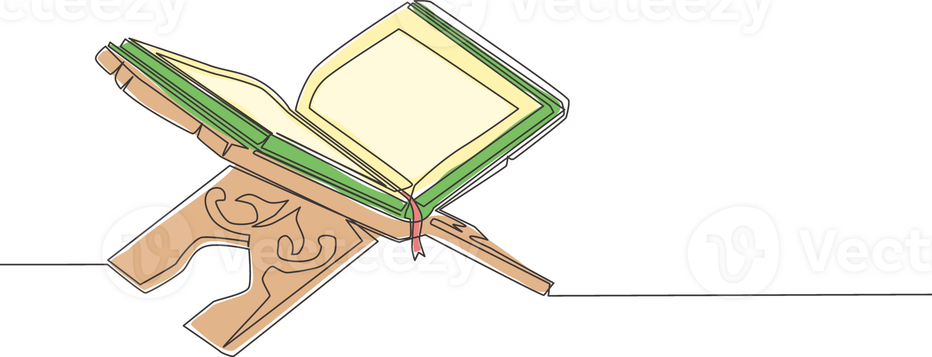 Single continuous line drawing of open Quran, holy book muslim, on placemat. Islamic holy day Ramadan Kareem and Eid Mubarak greeting card concept one line draw design illustration png