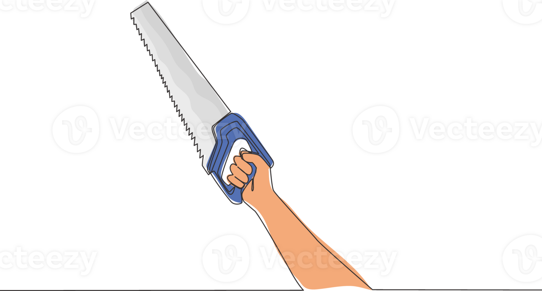 Single continuous line drawing of man holding manual hand saw. Handyman tools concept. One line draw design illustration png