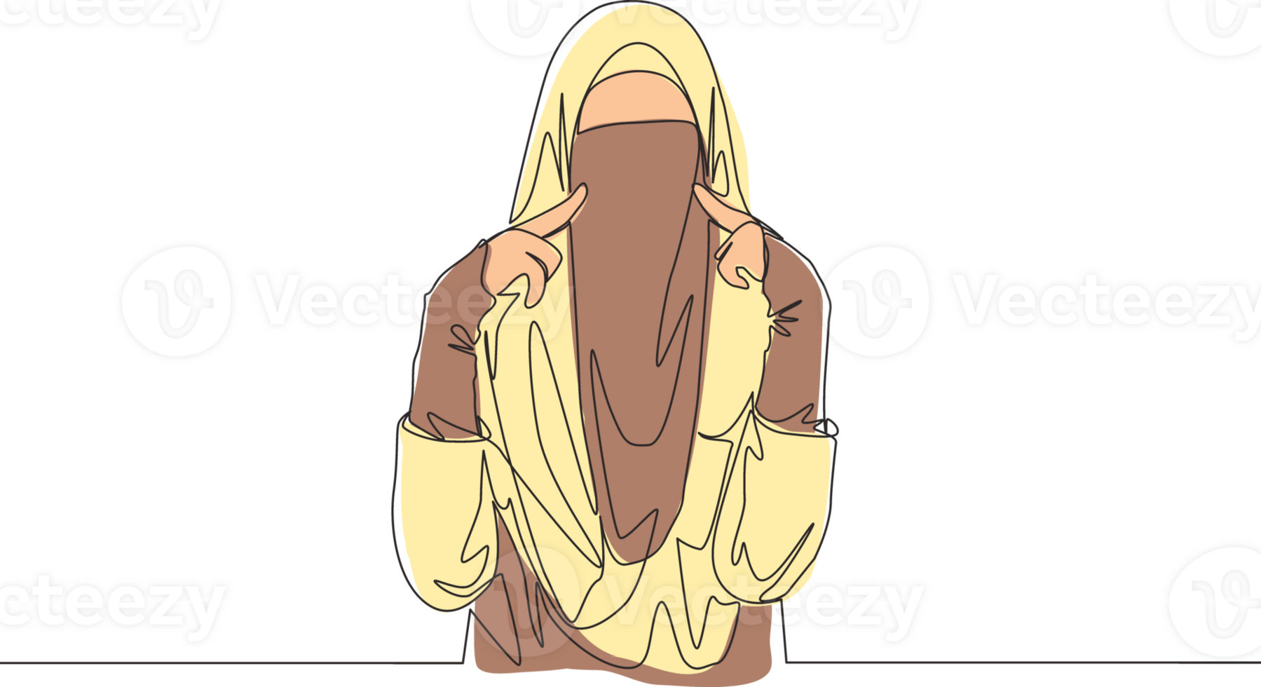 Single continuous line drawing of young cute Asian muslimah wearing burqa while touching her cheeks. Traditional beauty muslim woman niqab with hijab concept one line draw design illustration png