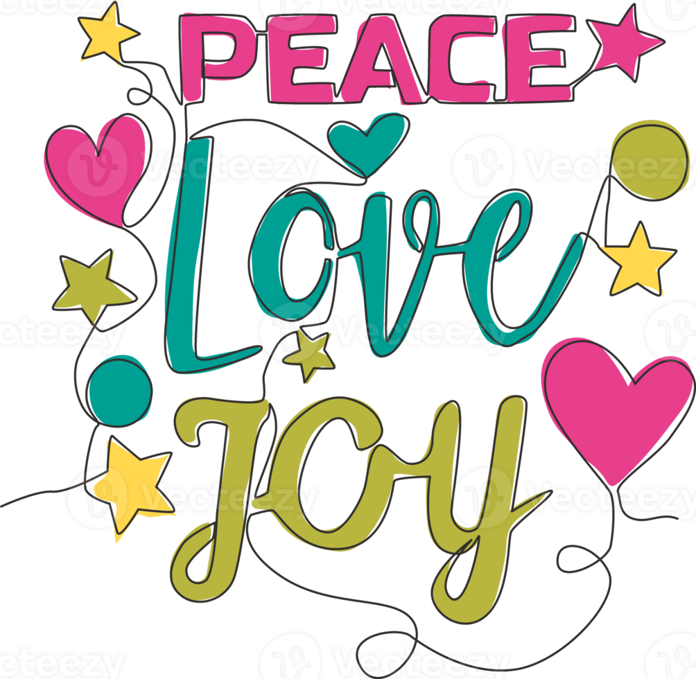 One continuous line drawing of cute and lovely typography quote - Peace, Love, Joy. Calligraphic design for print, greeting card, banner, poster. Single line draw graphic design illustration png