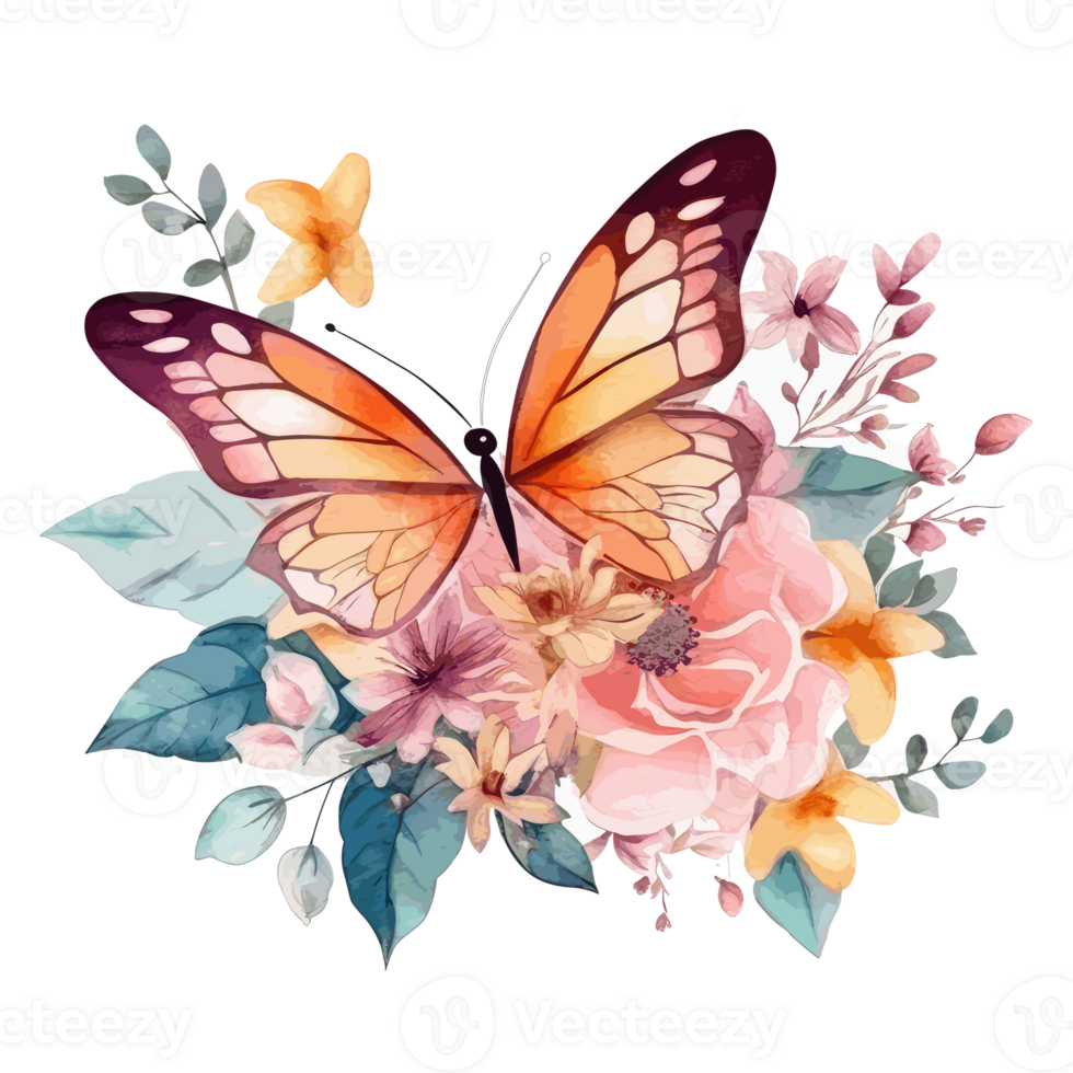 Watercolor butterfly and bouquets spring flowers . png