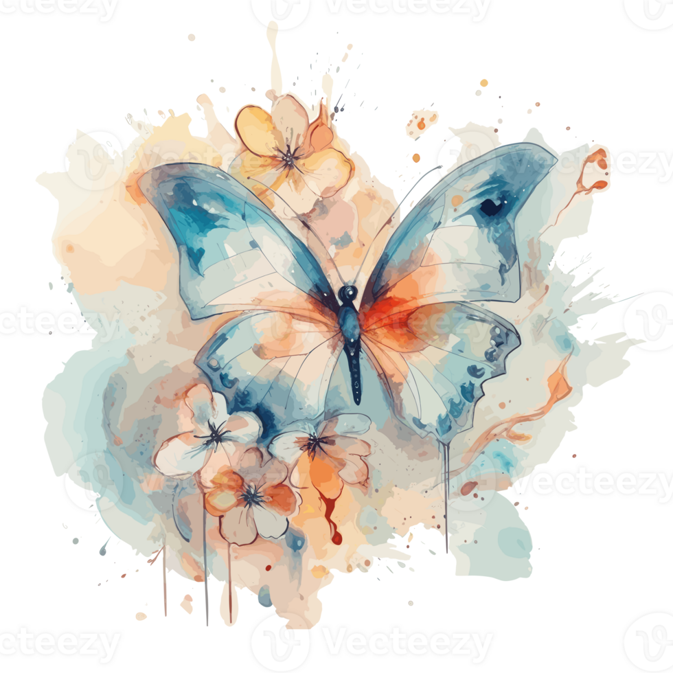 Watercolor butterfly and bouquets spring flowers . png