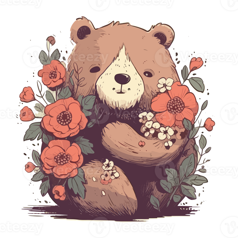 cute teddy bear hugs a bouquet of flowers . png