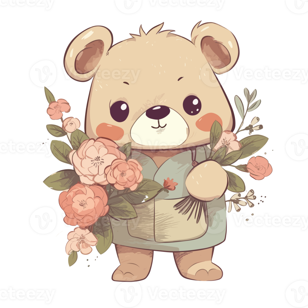 cute teddy bear hugs a bouquet of flowers . png
