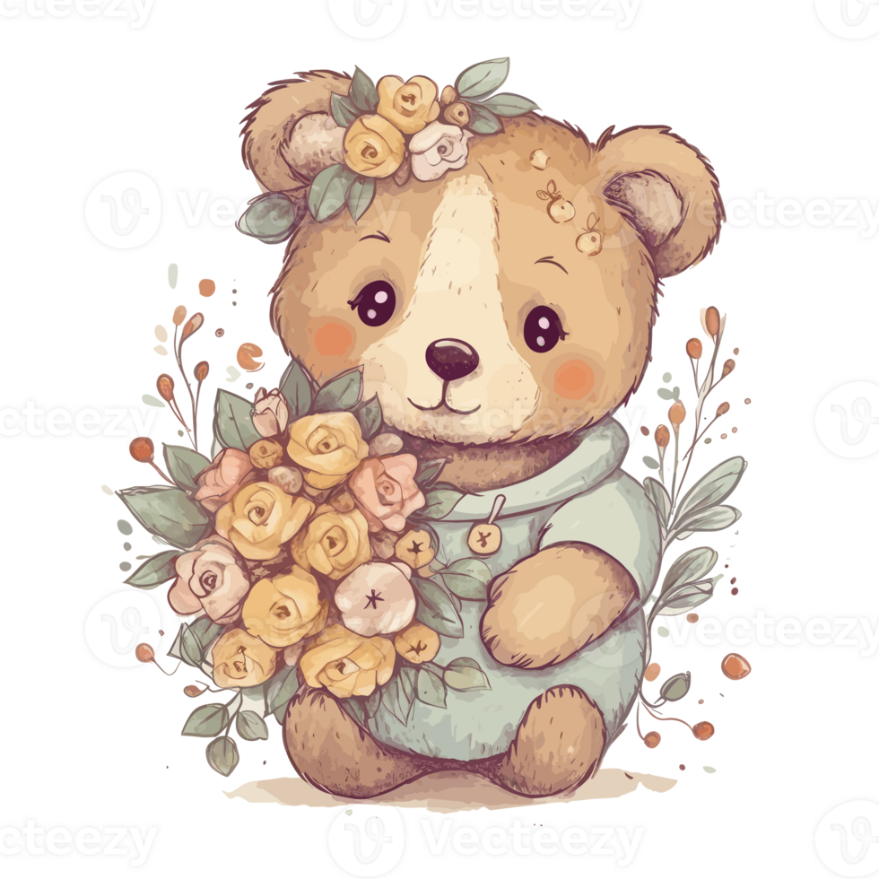cute teddy bear hugs a bouquet of flowers . png