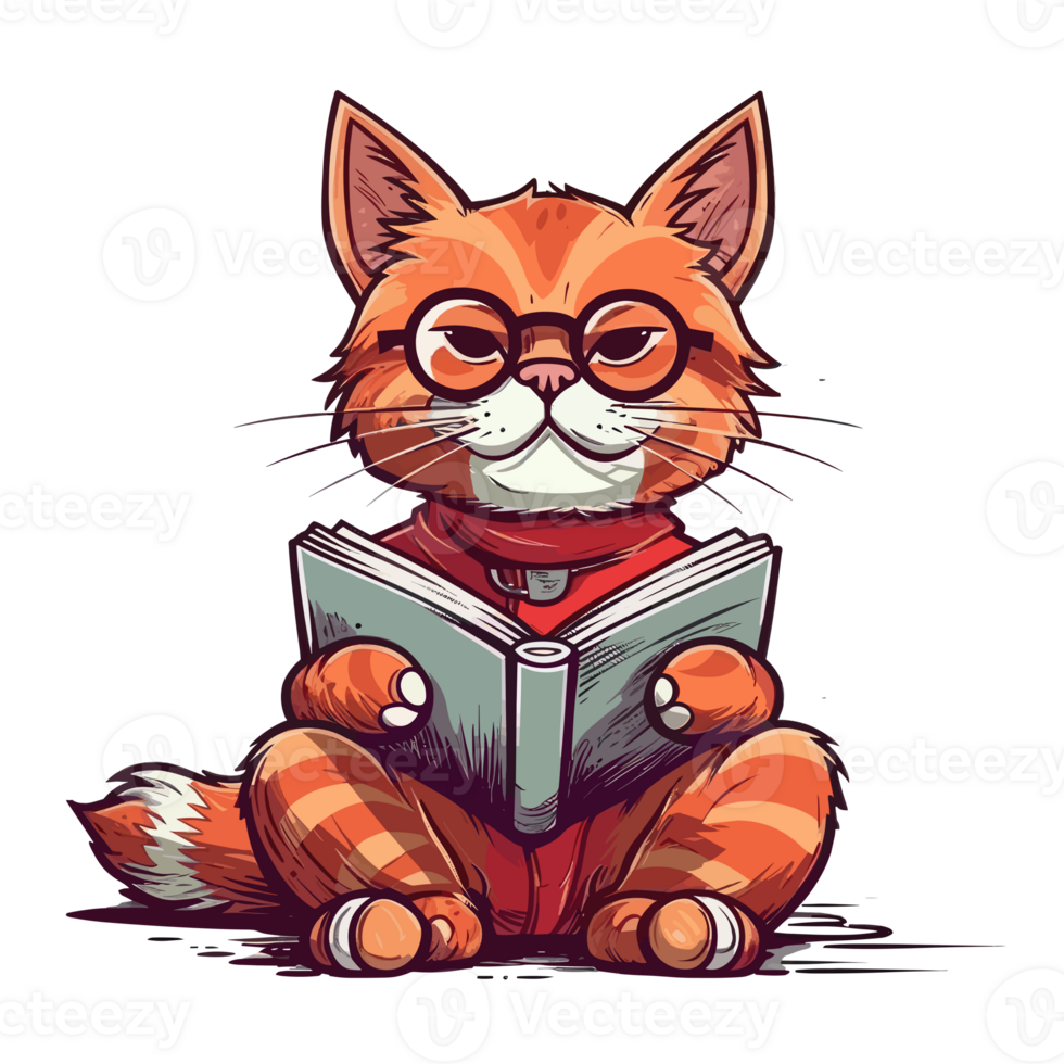 aquarelle mignonne chat portant des lunettes en train de lire une livre . ai généré png