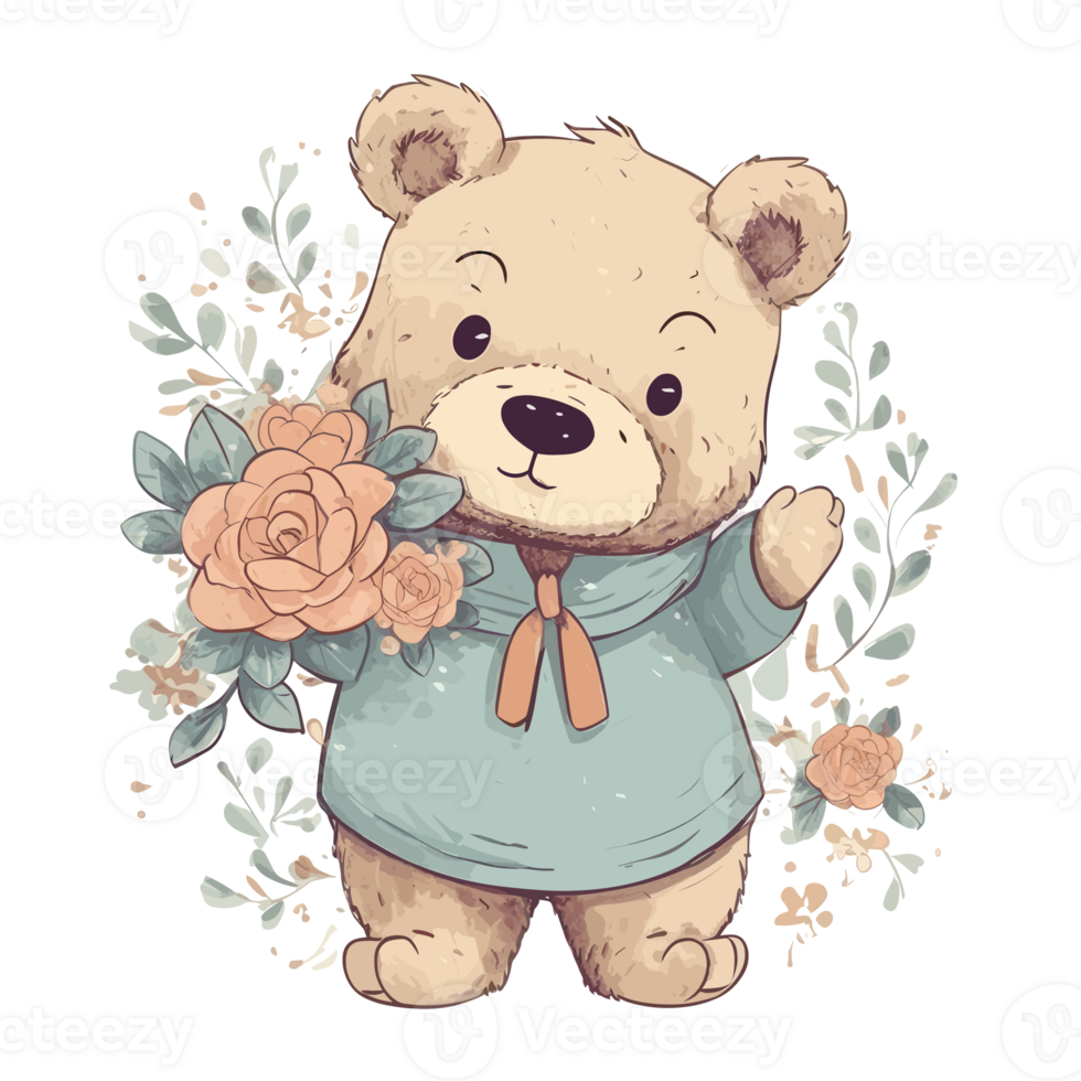 cute teddy bear hugs a bouquet of flowers . png