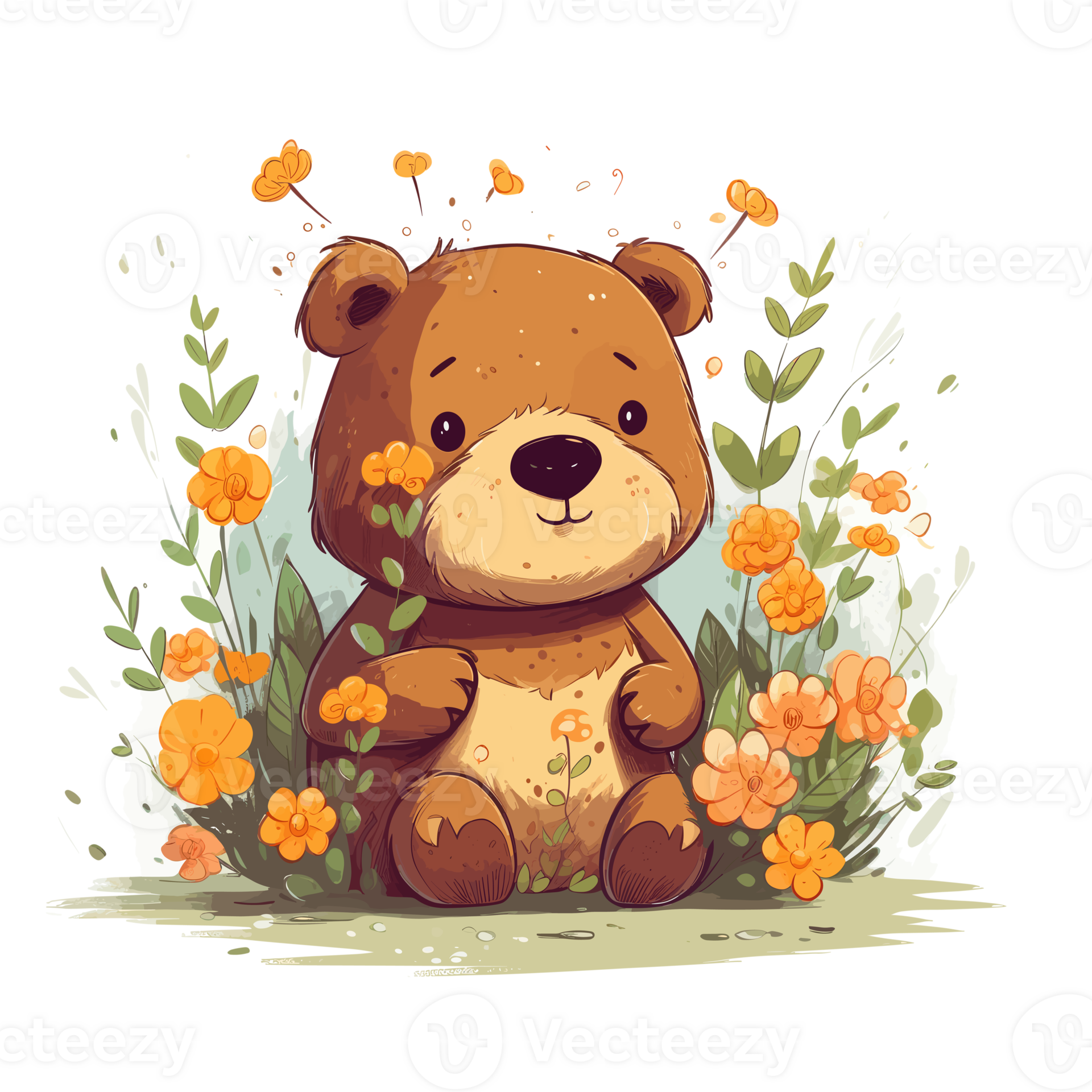 cute teddy bear hugs a bouquet of flowers . 23743549 PNG