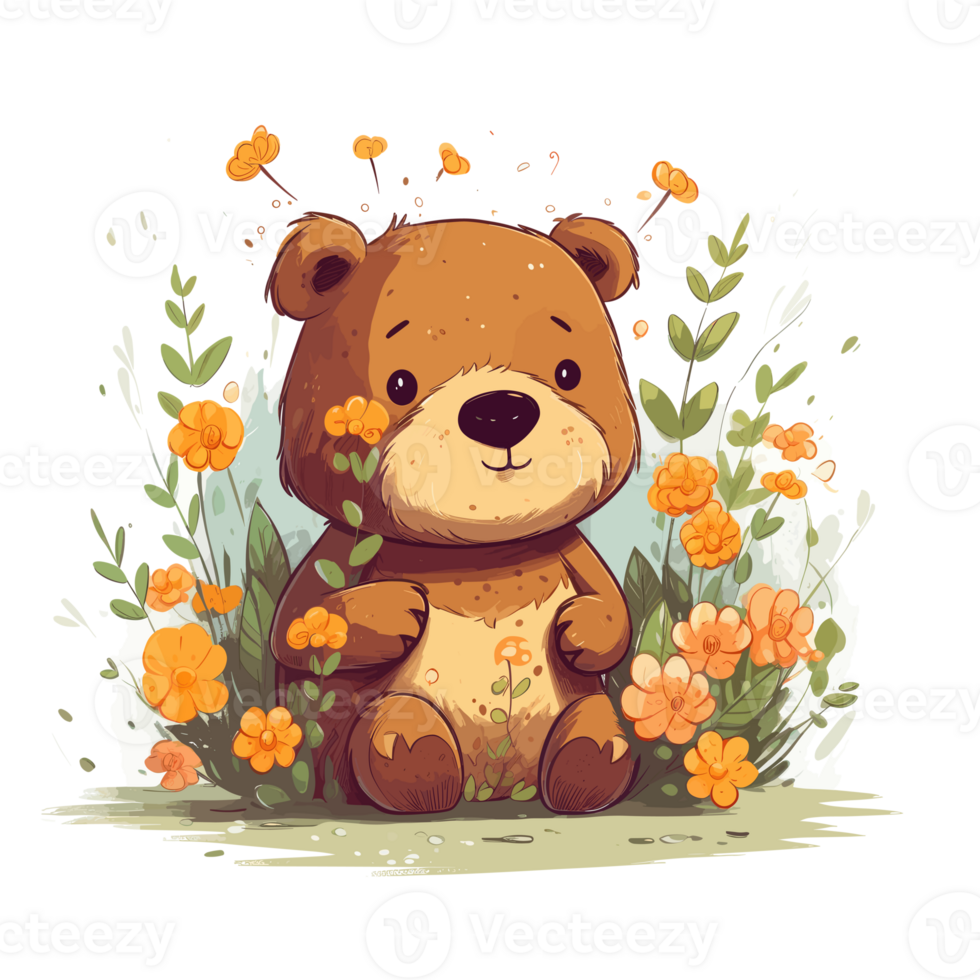 cute teddy bear hugs a bouquet of flowers . png