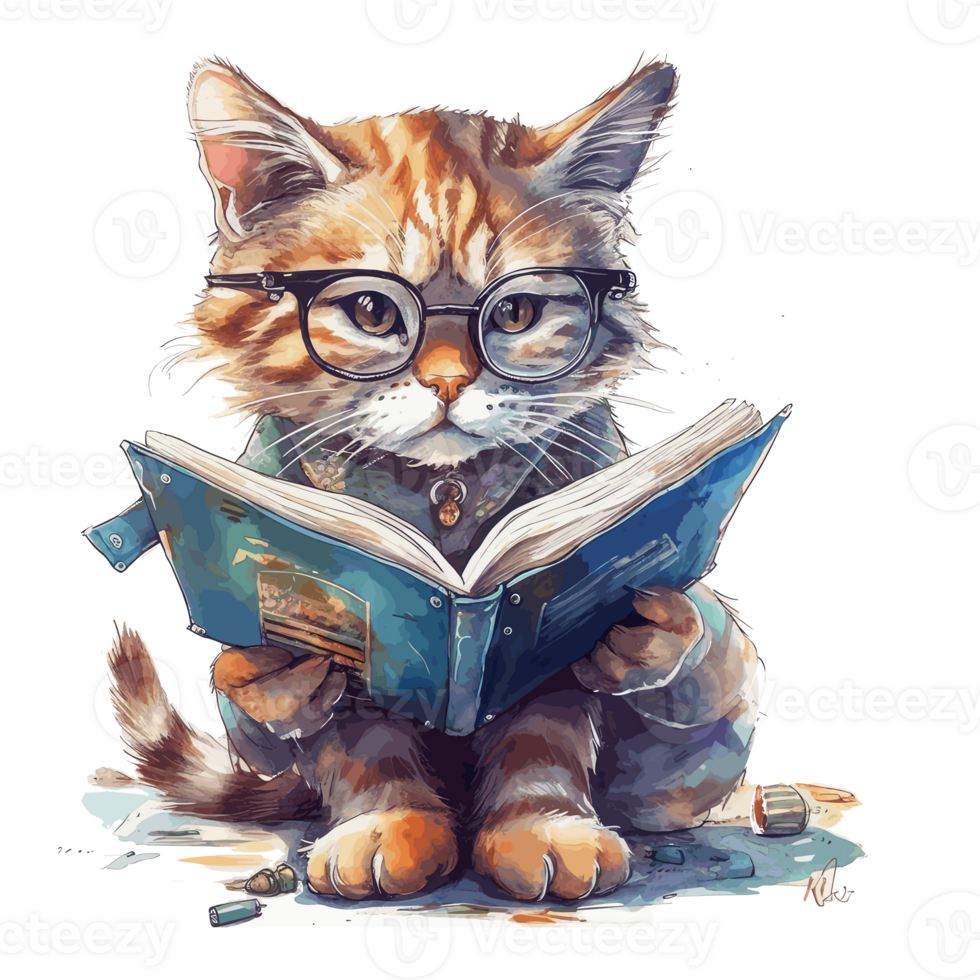 watercolor cute cat wearing glasses reading a book . png