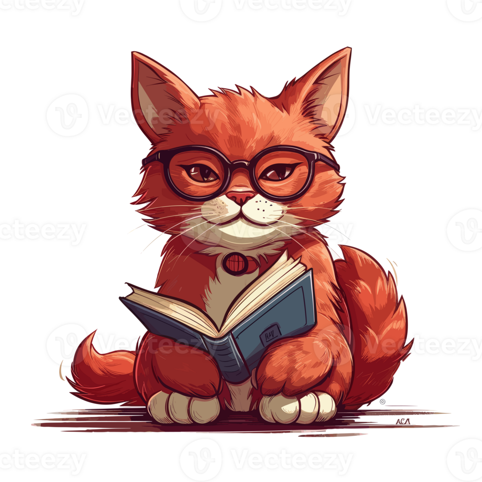 watercolor cute cat wearing glasses reading a book . png