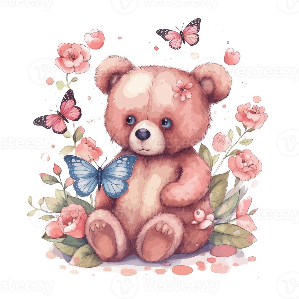 cute teddy bear hugs a bouquet of flowers . png