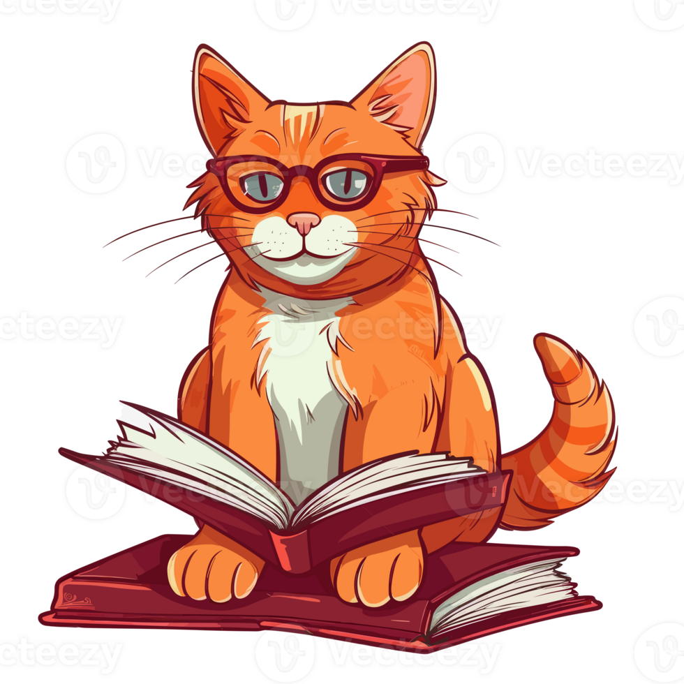 watercolor cute cat wearing glasses reading a book . png