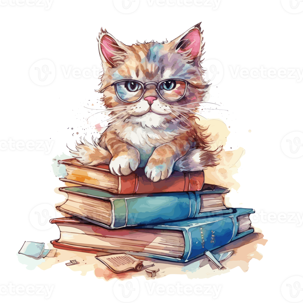 watercolor cute cat wearing glasses reading a book . png