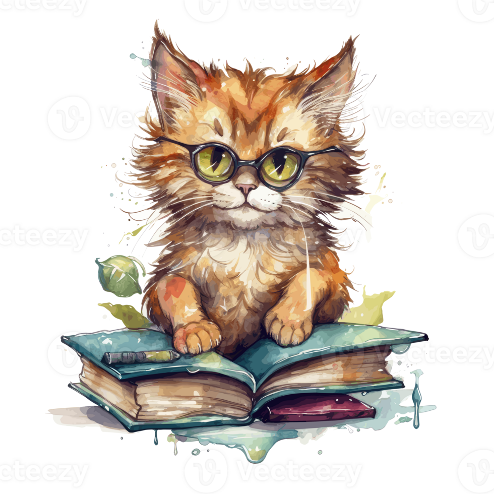 waterverf schattig kat vervelend bril lezing een boek . ai gegenereerd png