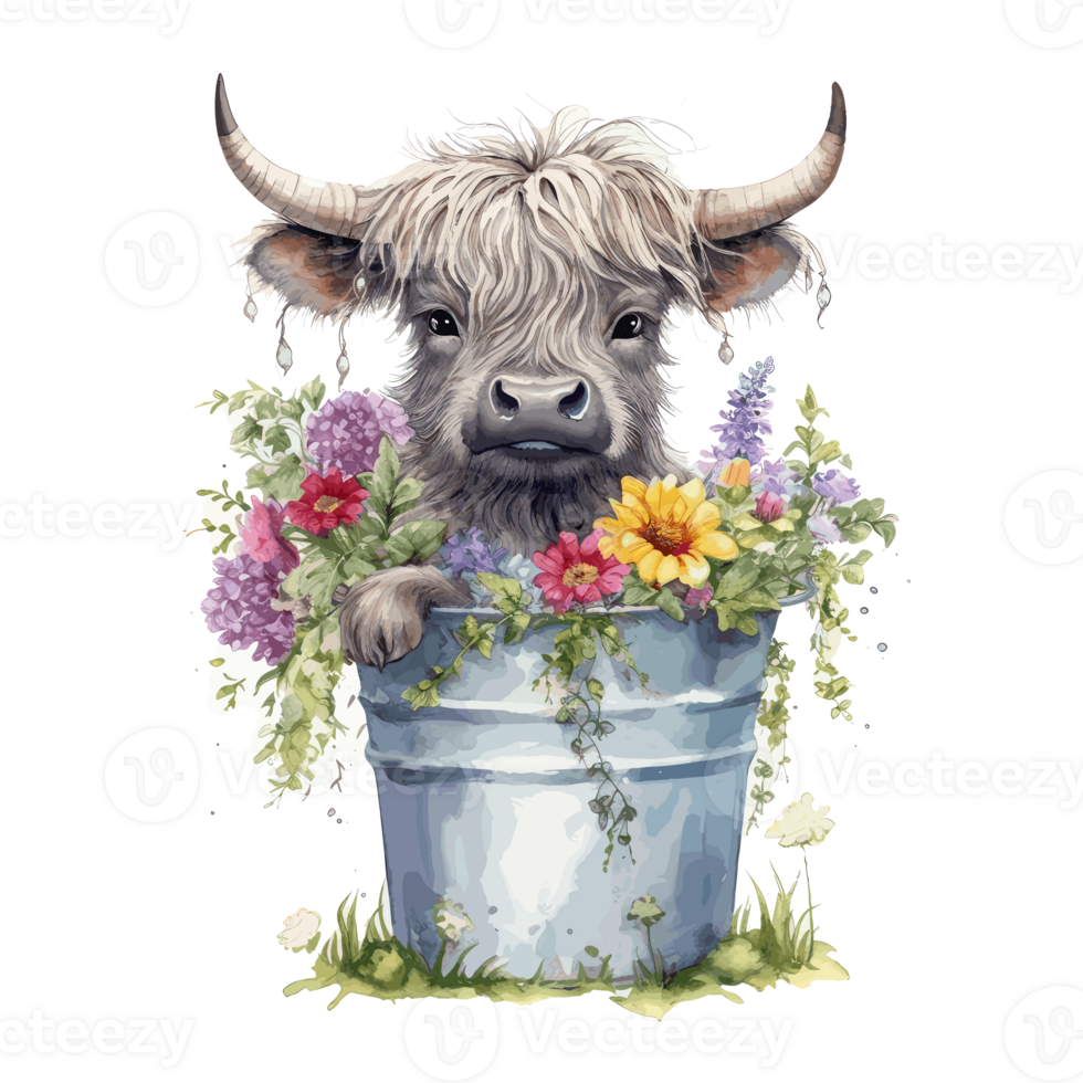 cute happy color baby highland cow with flowers on the head sitting in the green wooden bucket . png