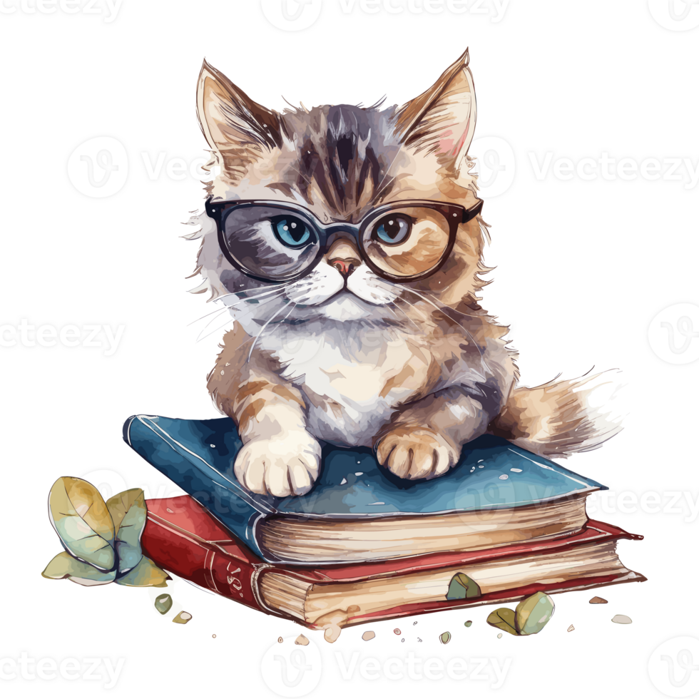 acquerello carino gatto indossare bicchieri lettura un' libro . ai generato png