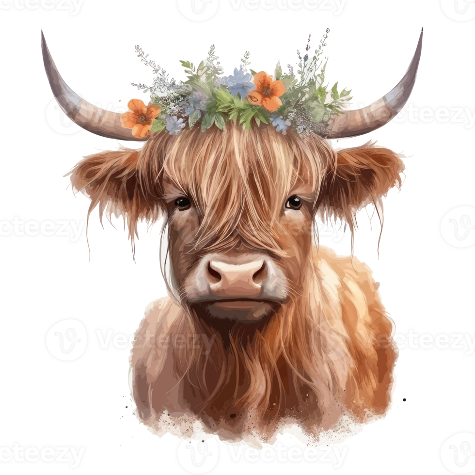 cute highland cow, wearing flower crown watercolor . png