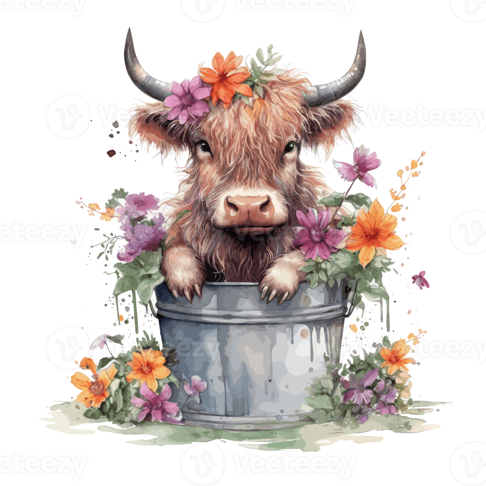 cute happy color baby highland cow with flowers on the head sitting in the green wooden bucket . png