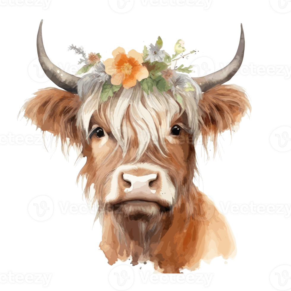 cute highland cow, wearing flower crown watercolor . png